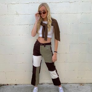Brown distressed patchwork jeans